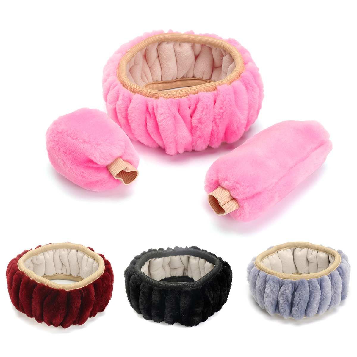 Winter Warm Faux Wool Handbrake Cover Gear Shift Cover Steering Wheel Cover 
