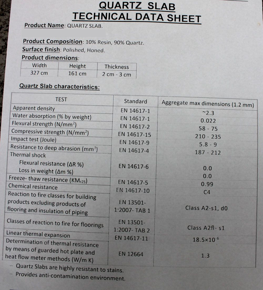 Quartz Slab Data Sheet