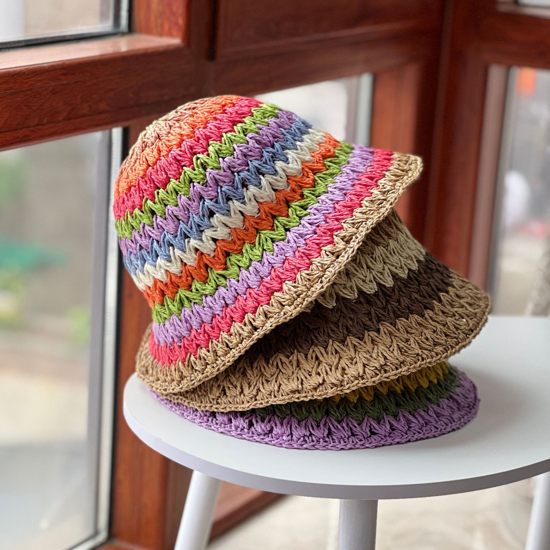 Handmade Crochet Knit Bucket Hat and Scarf‎ Set Women Multicolored Pastel Boho Stylish Crochet Bucket Hat,handmade Crochet Colourful Hat  main image 2