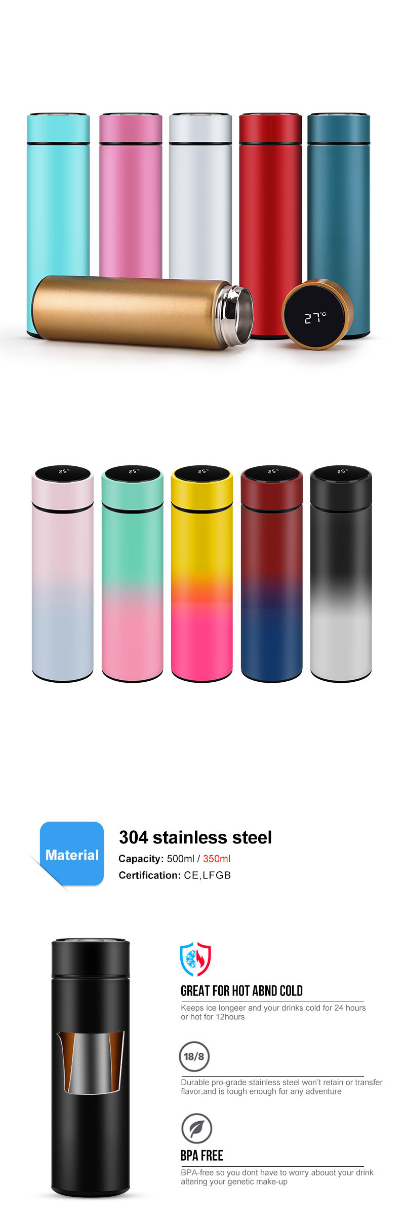 Buy Hot Sales 500ml Double Wall Stainless Steel Vacuum Insulated Smart ...