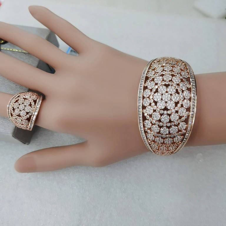 Buy Luxurious Gold Women Bangle Bracelet Rings Jewelry Set Zircon Inlay ...