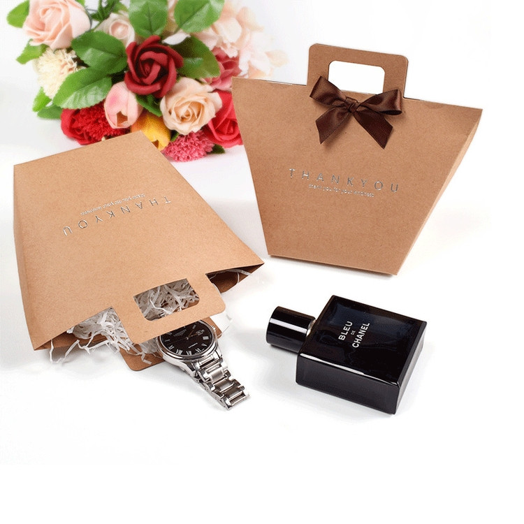 Buy Wholesale Die Cut Handle Kraft Paper Gift Bag With Ribbon Bow Gold ...