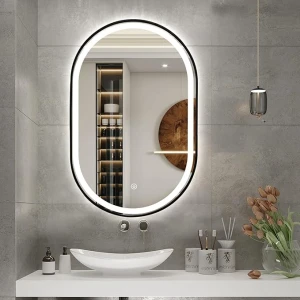 Oblong LED Bathroom Mirror with Black Frame, Lighted Wall Mounted Vanity Mirror with Metal Frame, Anti-Fog