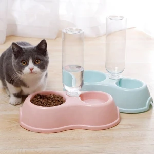 round plastic pet double bowl with water bottle eating a bowl of water with macarons color double dog bowl