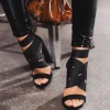 101605 Iseeyoufirst Shoes Woman New Coarser High Heels Sandals Sexy Hollow Roman Cross Elastic Band Ladies Shoes Black Brown