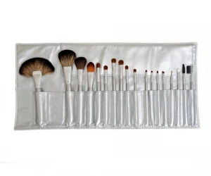 18PCS Makeup Brush Professional Brush Set Natural Hair Silver Handle and Pouch