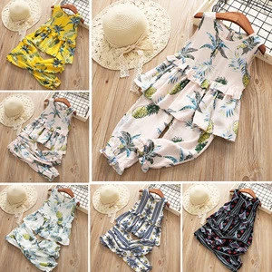 2018 Summer Girls pineapple Clothing Sets Kids Girl Clothes Short Sleeve Ruffles Flower T Shirt Tops+flower Pant 2Pcs outfits
