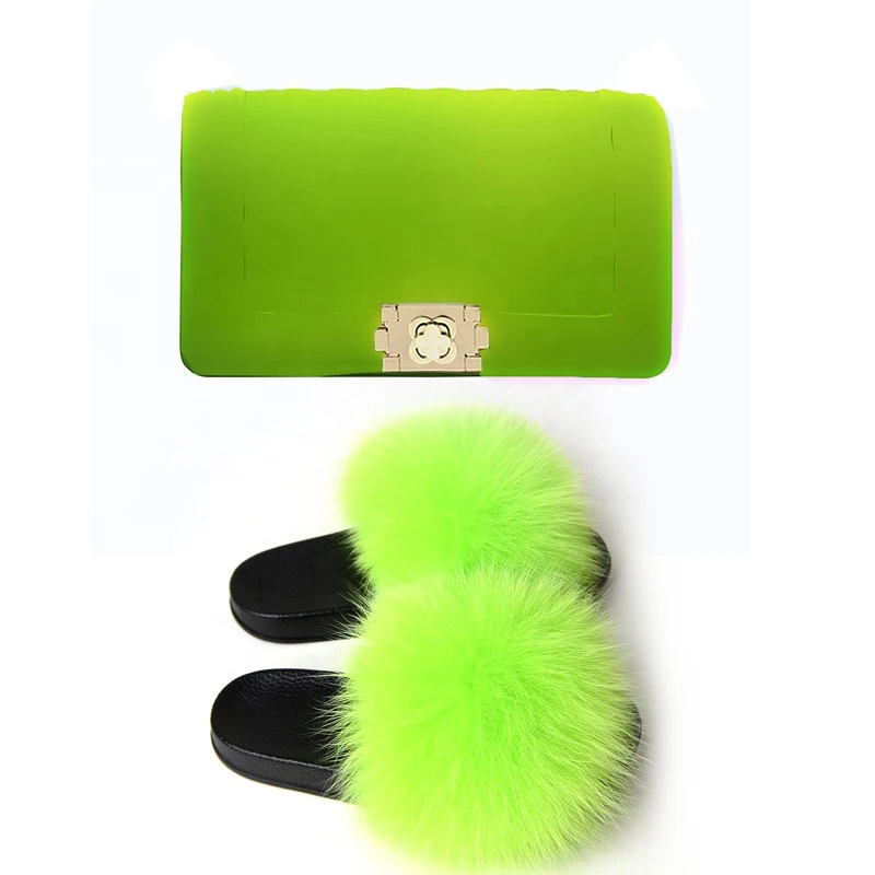 2020 Fashion Designer Colorful Jelly Bags Fur Slippers And Purse Sets