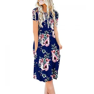 2021 Amazon summer Hot sale loose swing round neck short sleeve dress female wear  summer new women casual dress