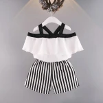 2021 hot selling wholesale chiffon strips print clothes white cute cravat baby girls clothing set in summer