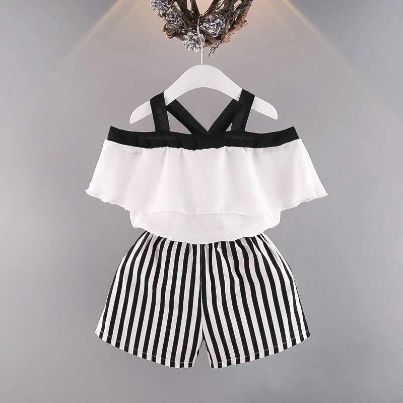 2021 hot selling wholesale chiffon strips print clothes white cute cravat baby girls clothing set in summer