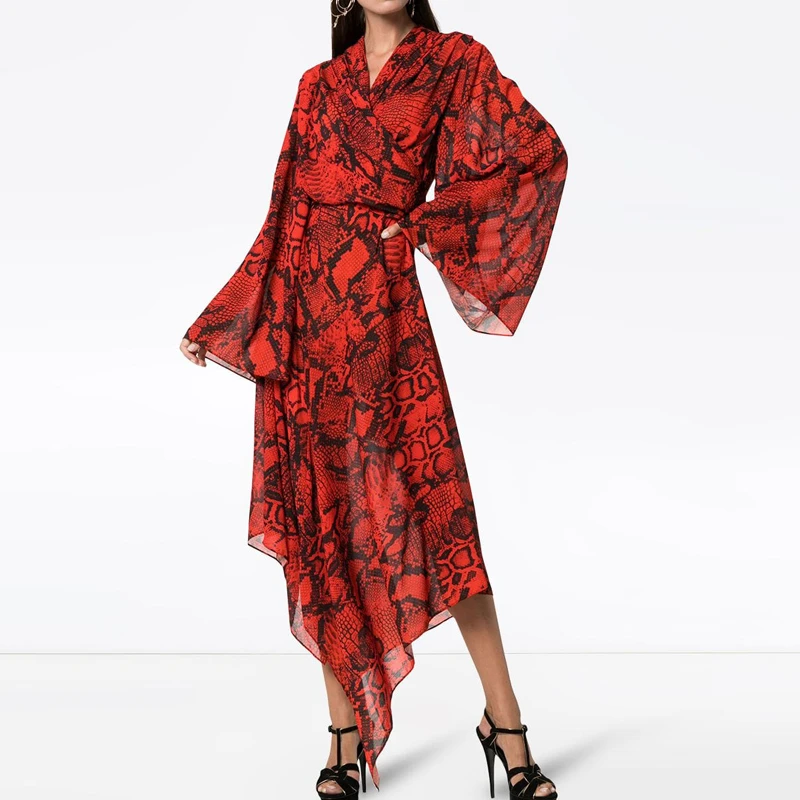 2021 New design Nelli snake-print asymmetric long sleeve casual women dress