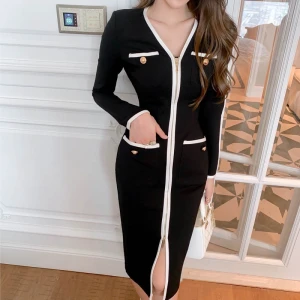2021 Spring New Black Solid Colorsexy Women Knit Bodycon  Dress