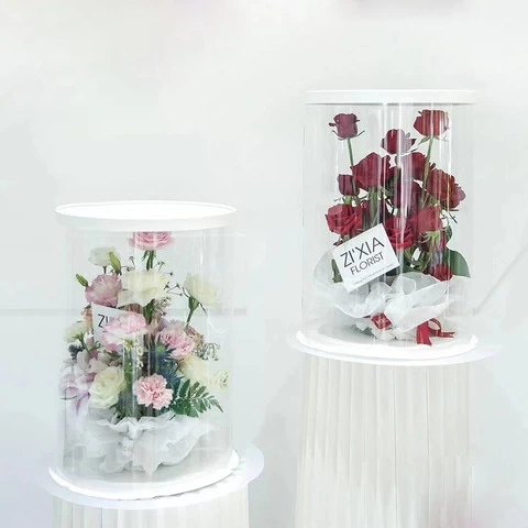 2022 Flower in Cake Box Tall Clear Cylindrical Transparent Round Cake Box Flower Gift Dustproof Exhibition Box