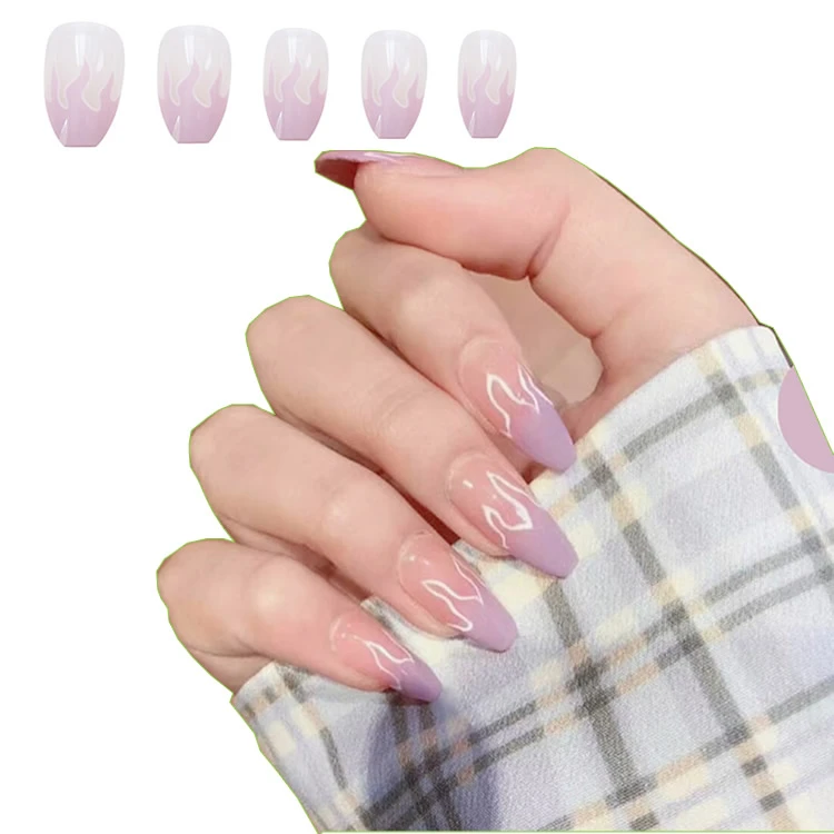 24pcs Full Cover Pink Blue Purple Laser Silver Flame Fire Press On Nails European Square Fake Nails Factory Price False Nails