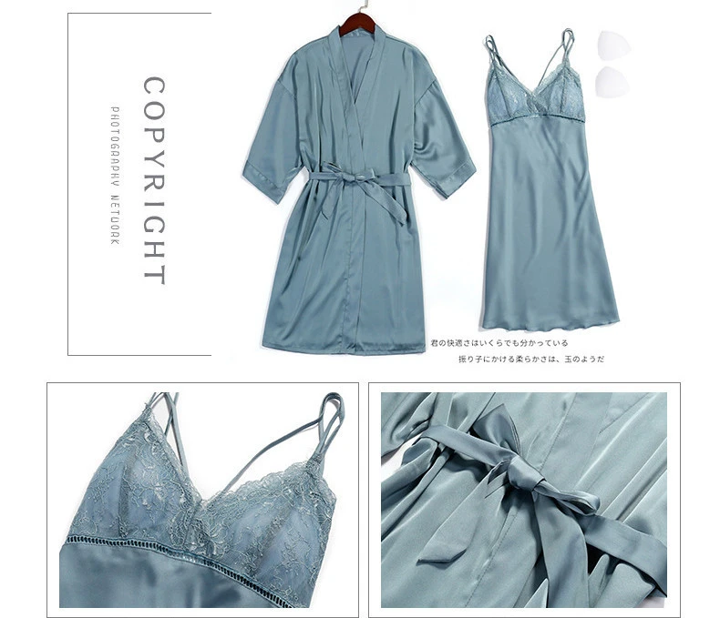 2PCS Satin Robe Set Female Sleepwear Summer Kimono Bathrobe Lace Trim Bride Bridesmaid Dressing Gown Casual Nightgown