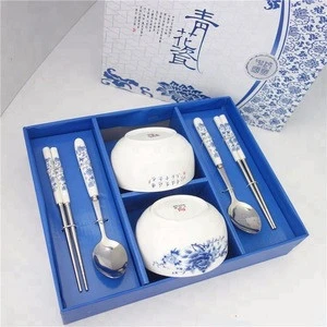 6PCS ceramic dinnerware set stainless steel tableware cutlery set with spoon chopsticks and bowl
