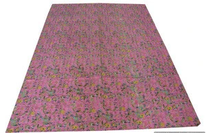 90&quot; X 60&quot; Beautiful Pink Floral Paradise Print Kantha Thread work Quilt Kantha bedspread Twin Size Bed cover Reversible Throws
