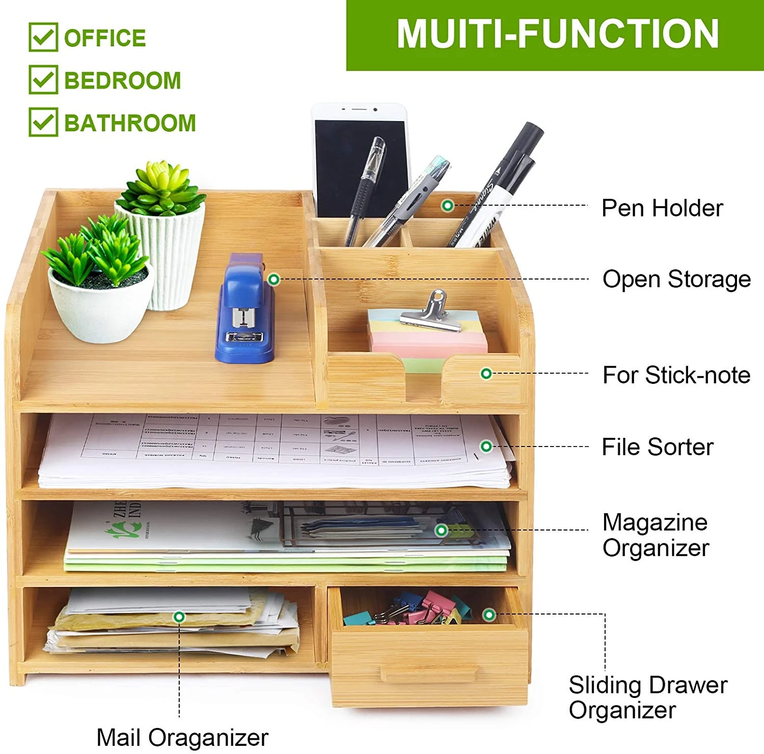 Bamboo Office Desk File Organizer with Drawer, 4-Tiers Document Letter Organizer Tray Mail Sorter for Desk with Pen Holder
