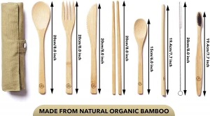 Bamboo Utensils Set includes Straw, Spoon, Fork, Knife, Teaspoon, Chopsticks, Brush & Storage Bags