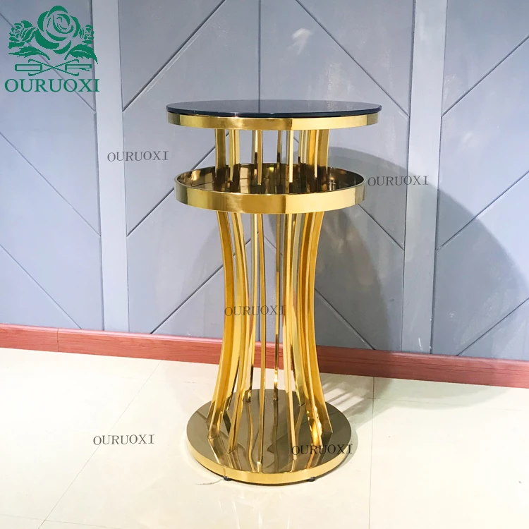 Black glass top round hollow middle design golden color high top cocktail tables