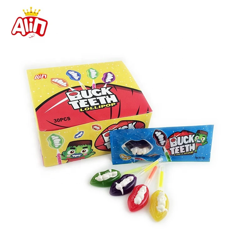 Boxed funny four-color fruit-flavored hard candy buck teeth fluorescent lollipop