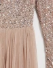 Bridesmaid long sleeve v back maxi tulle dress with tonal delicate sequin in taupe blush/ womens wedding guests  party dress