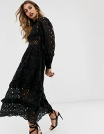 broderie midi dress with balloon sleeves/  womens wedding guests  party dress/ womens broderie long sleeve midi dress