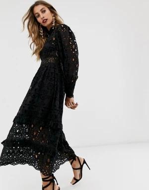 broderie midi dress with balloon sleeves/  womens wedding guests  party dress/ womens broderie long sleeve midi dress