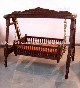 Carved teak wood baby swing cradle bed