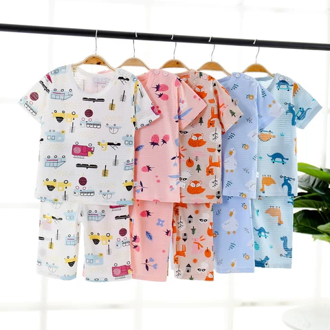 Childrens Cotton Home Clothes Suit Boys Summer Thin Long-Sleeved Air-Conditioned Clothes Baby Pajamas Girls Two-Piece Suit