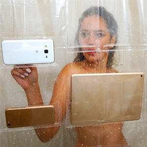 Clear Shower Curtain with Pockets for Touchscreen Devices for Bathroom