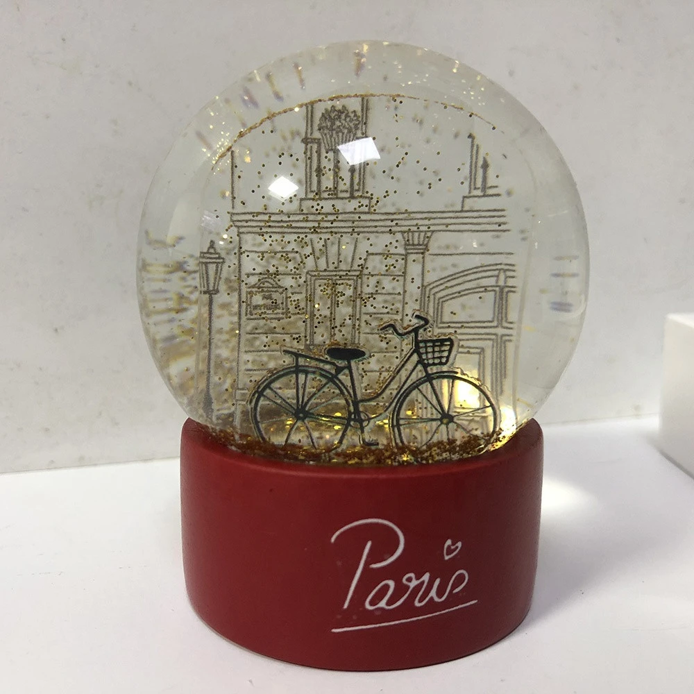 Custom acrylic sheet inside Amour Glitter Paris souvenir water glass snow globe with resin base