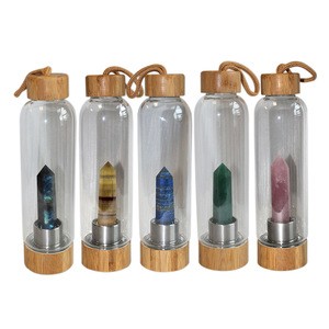 Customized logo High quality glass natural crystal point healing water bottle with Bamboo lid