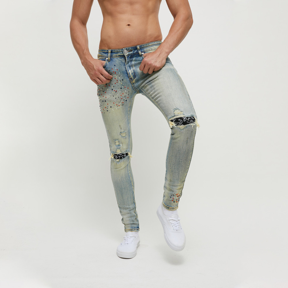 Buy Diznew Oem Heavy Washed Distressed Rhinestones Jeans With Hole ...