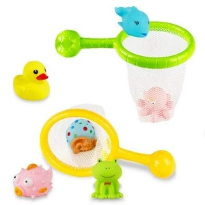 Eco-Friendly baby bath Squeeze Floating Animals with fishing net playing set bath toy for baby bathing and playing toys