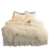 fluffy duvet set  plush mink cashmere Pompoms lace hem bedding set white cream 100% polyester