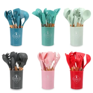 Food grade 11 piece silicone kitchen utensils set cooking tools wooden handle with holder
