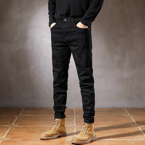 Guangzhou wholesale  black 2021 black denim pants new ripped mens jeans