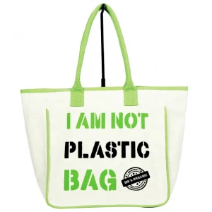Hand Bag with "I am Not Plastic Bag" Printing, Green Soft Handle & Green Piping / Canvas Bag SA 8000-2014 Certified India made