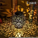 Hanging Solar Vintage Outdoor Lanterns Retro Garden Lights with Handle Hollow Metal LED Table Lamp Decorative for Porch Patio