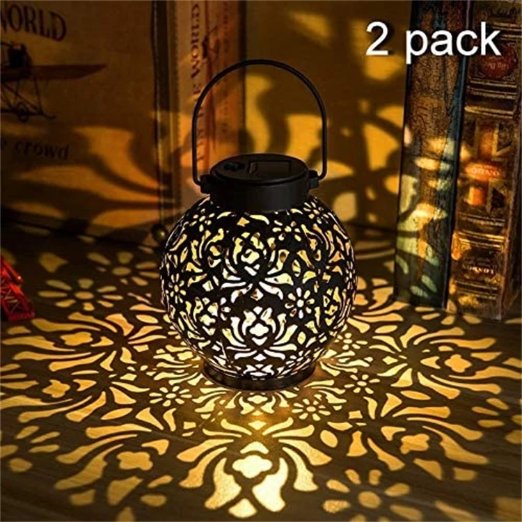 Hanging Solar Vintage Outdoor Lanterns Retro Garden Lights with Handle Hollow Metal LED Table Lamp Decorative for Porch Patio