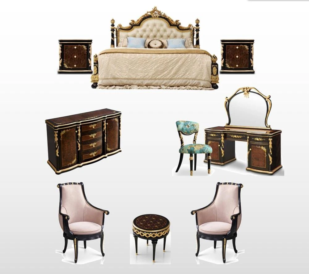 High Class Royal Classic Luxury Carved Gold Foil Bedroom Furniture Set