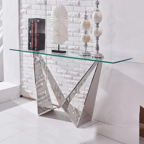 Home decoration console table modern glass top silver metal base living room furniture set mirrored console table