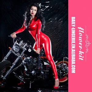 Hot Stylish Red Zipper Tight Synthetic Leather Women Bodysuit Wholesale