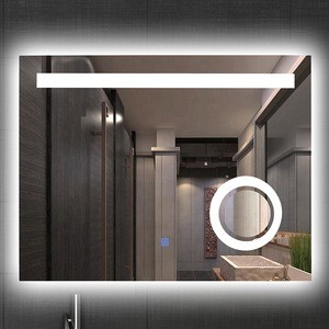 Hotel Wall Mounted Illuminated Smart Led Light Bathroom Bath Mirror with Digital Clock Bluetooth Defogger