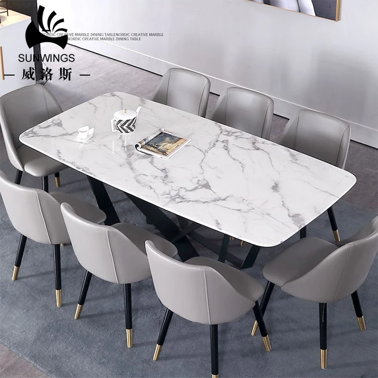 Italian Luxury Design Marble Top Dining Table Set 8 seater With Metal Legs