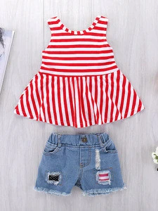 Kids Girl Summer Clothing White/Red Striped Ruffle Tank Top and Distressed Jean Shorts 2 pieces Outfit Toddler Summer Set