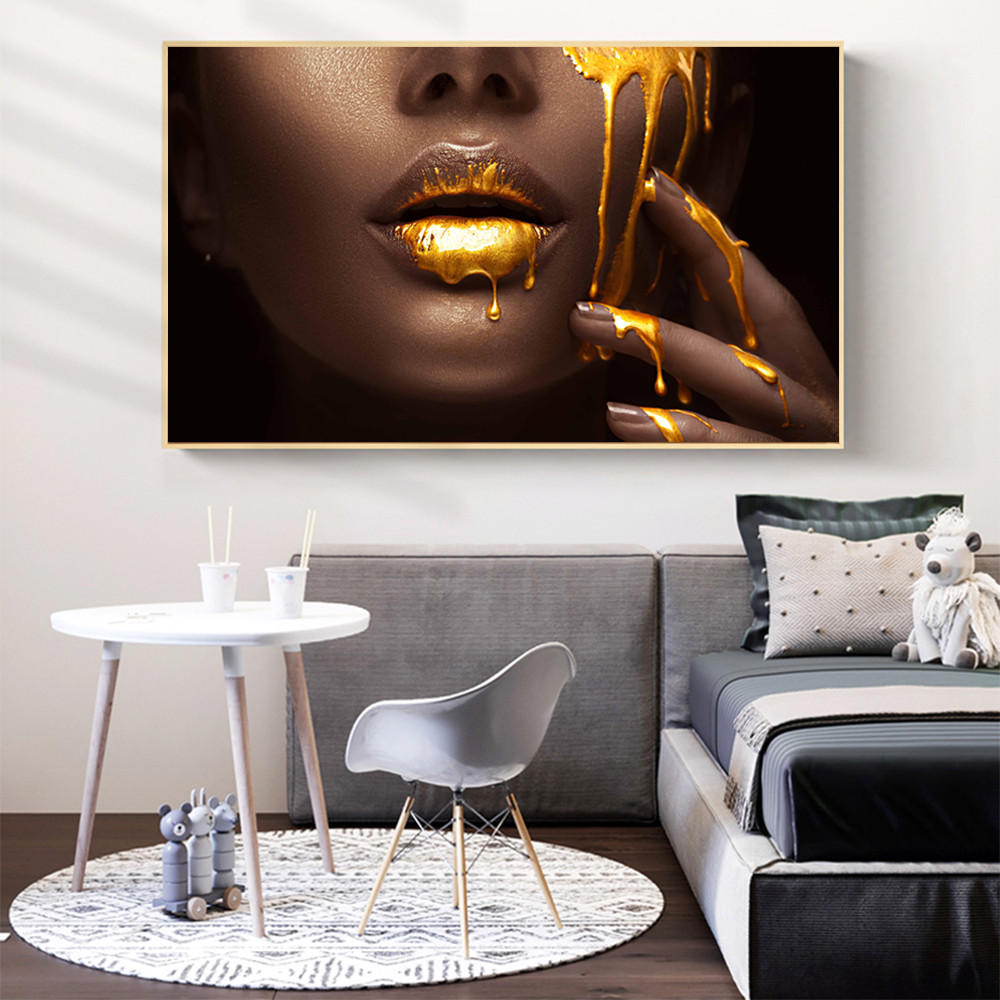 Buy Large Size Golden Lip Modern Portrait Poster Prints Wall Art Canvas ...