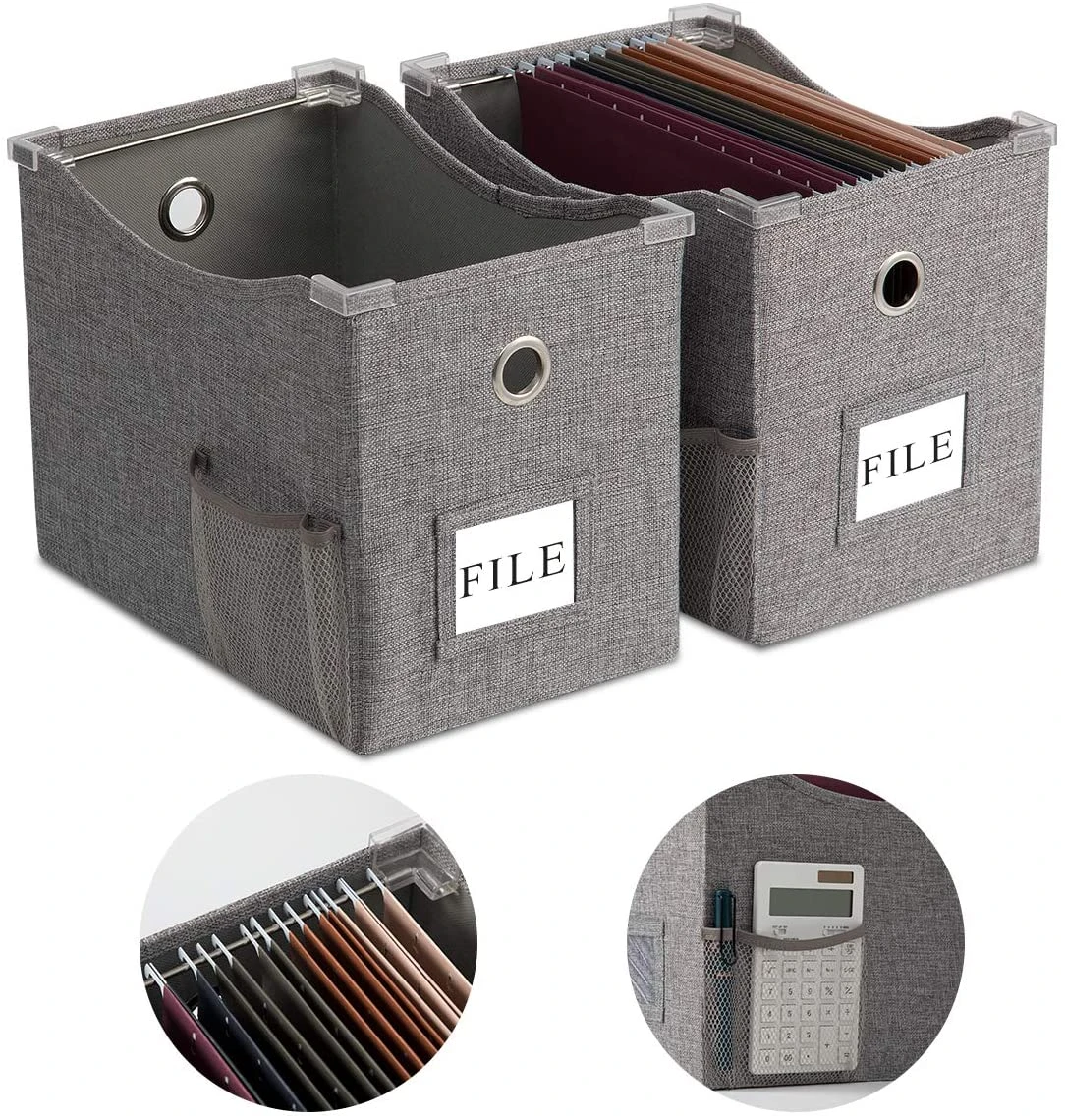 Linen File Boxes with Metal Sliding Rail For Letter Size File Storage Box with Extra Pocket Storage Collapsible Hanging File